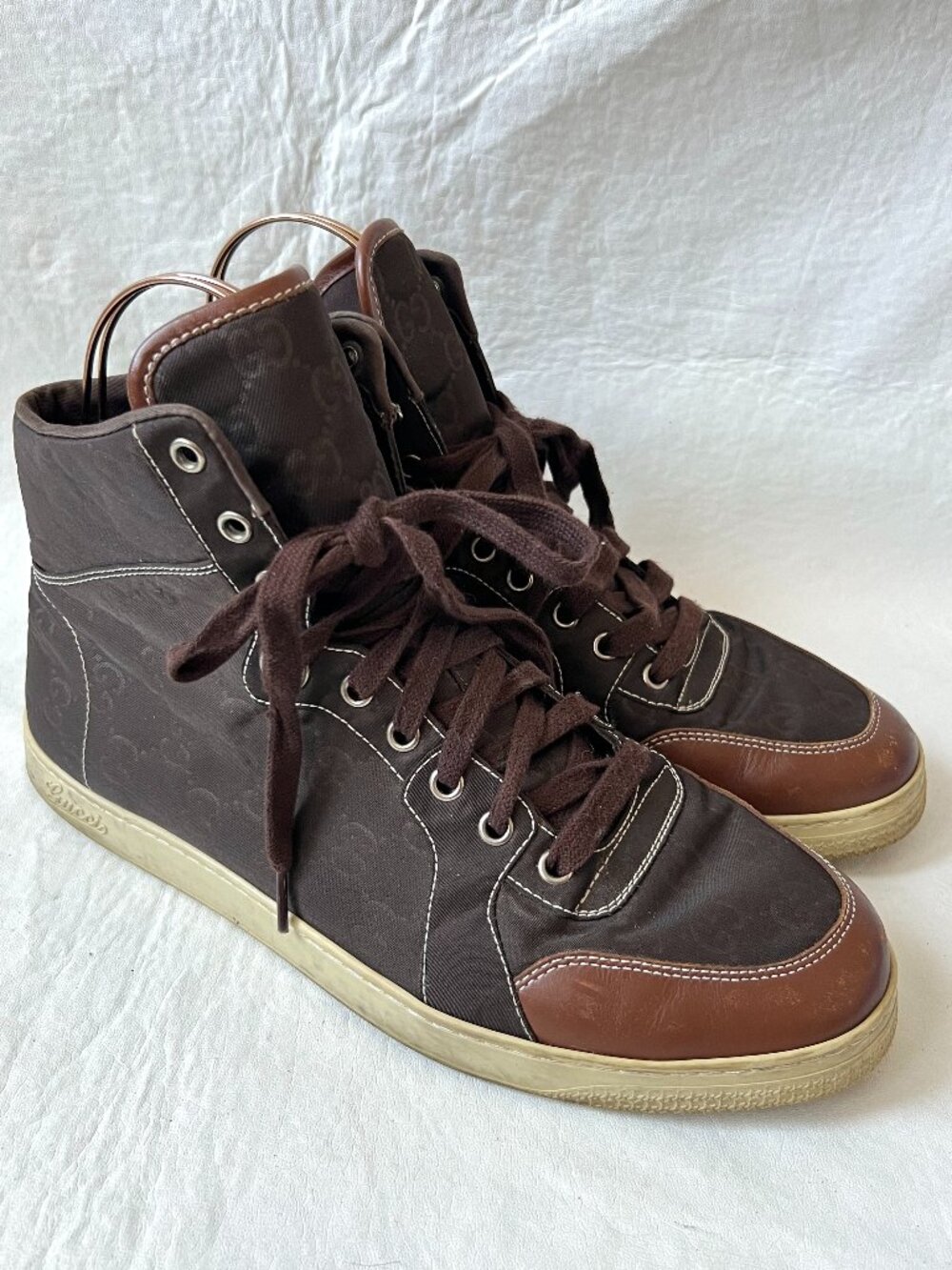 Gucci sneakers GG nylon brown leather 8.5 US 9 mens lace up high top shoes